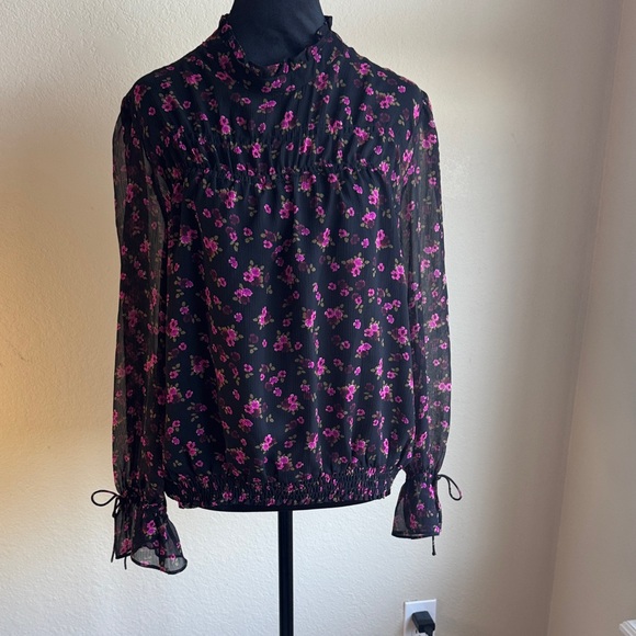 Express Tops - Express Black and Pink Floral Blouse
